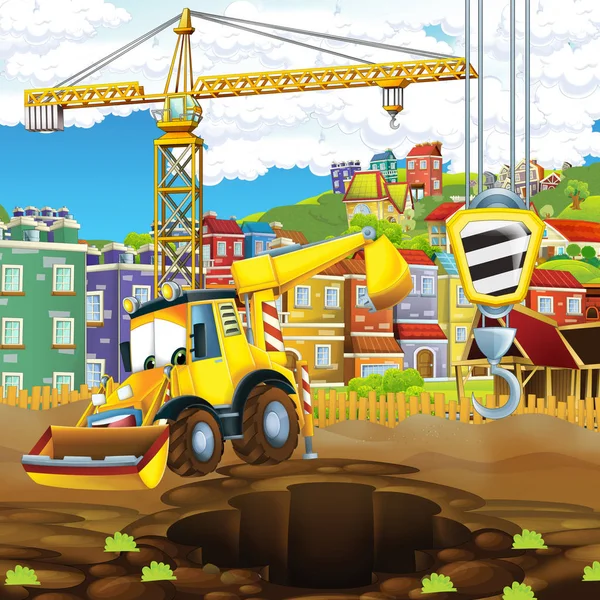 Cartoon Scene Digger Construction Site Illustration Children — Stock Photo, Image