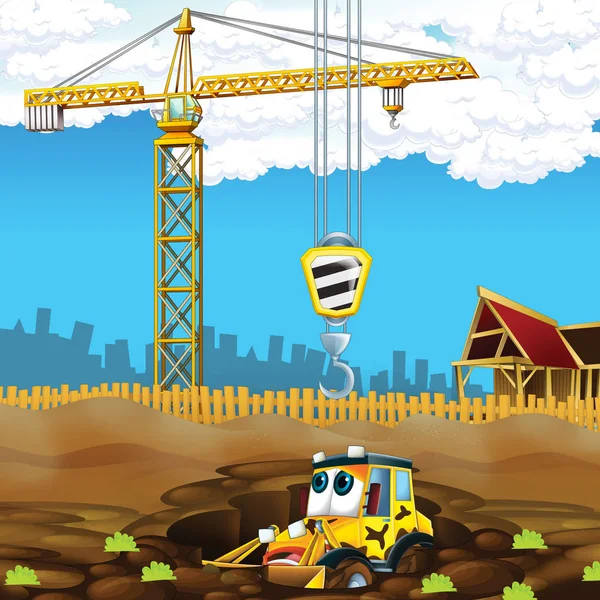 cartoon scene with digger on construction site - illustration for the children