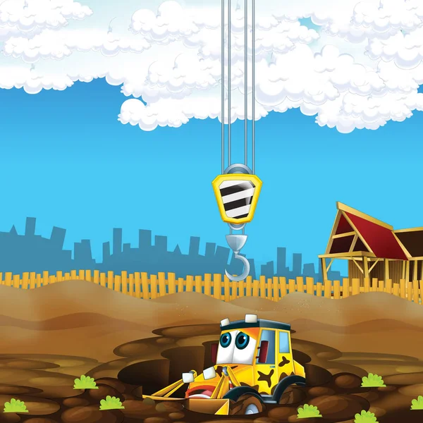 cartoon scene with digger on construction site - illustration for the children