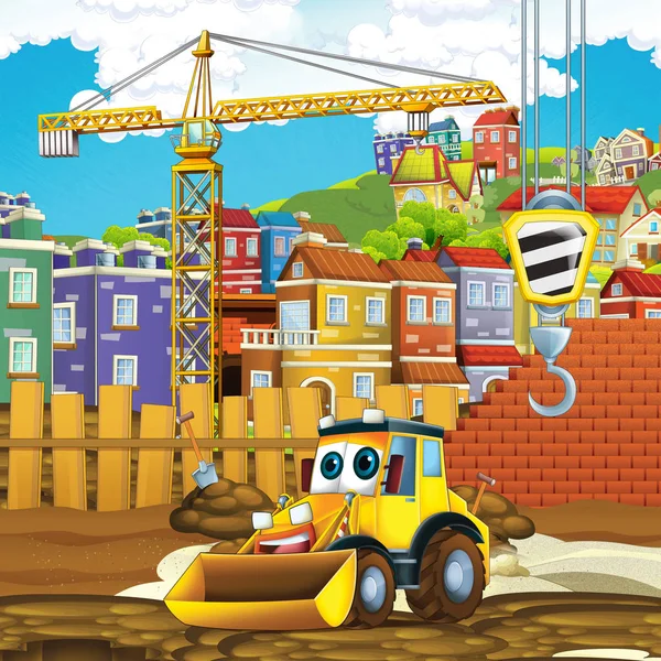 Zeichentrickszene Mit Bagger Auf Baustelle Illustration Für Die Kinder — Stockfoto