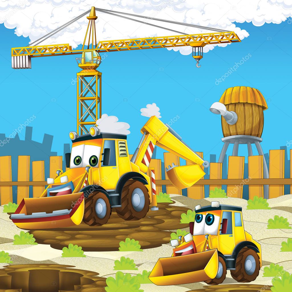 cartoon scene with diggers on construction site father and son - illustration for the children