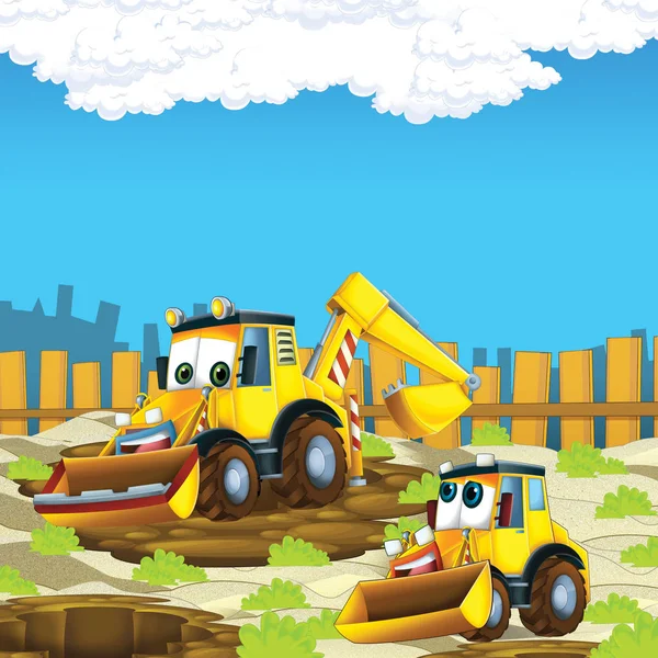 cartoon scene with diggers on construction site father and son - illustration for the children