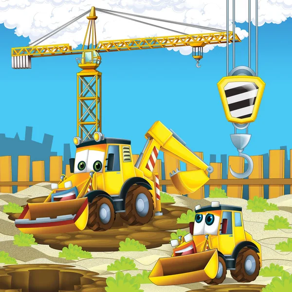 Cartoon Scene Diggers Construction Site Father Son Illustration Children — Stock Photo, Image