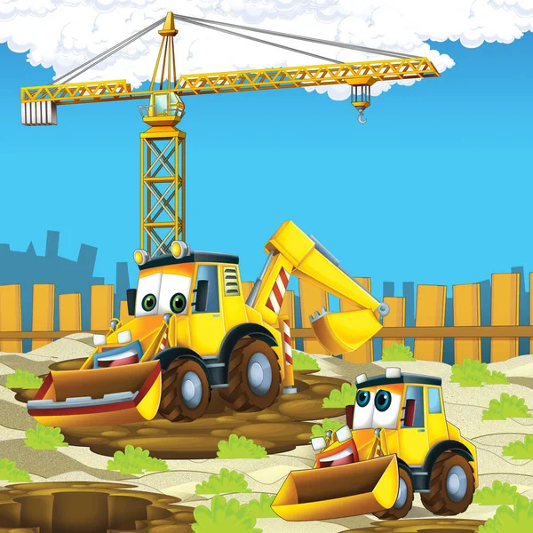 Escena Dibujos Animados Con Excavadoras Sitio Construcción Padre Hijo Ilustración —  Fotos de Stock
