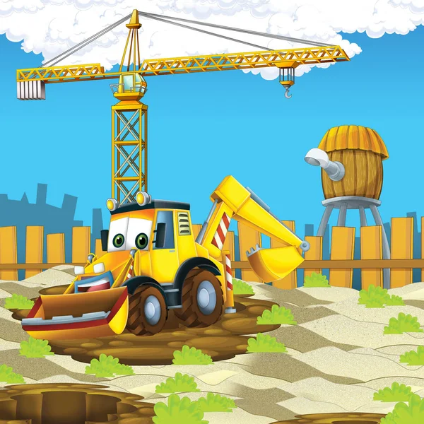 cartoon scene with digger on construction site - illustration for the children