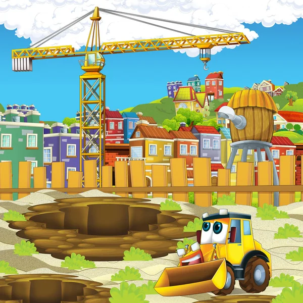 cartoon scene with digger on construction site - illustration for the children