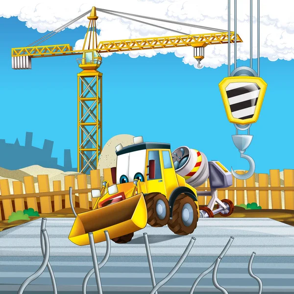 cartoon scene with digger on construction site - illustration for the children