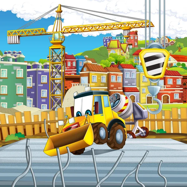 Karikatúra Jelenet Digger Építkezésen Illusztráció Gyerekek — Stock Fotó