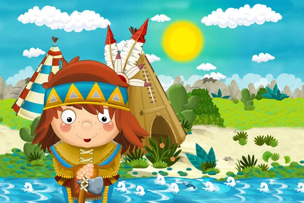 cartoon scene with american indian village near the river - illustration for children