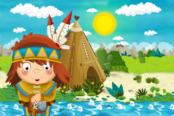 cartoon scene with american indian village near the river - illustration for children