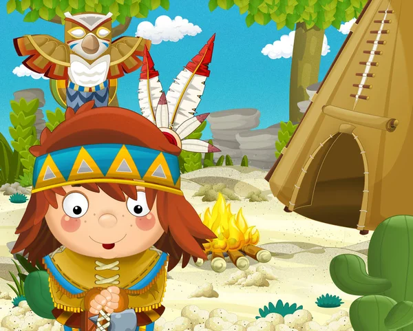 cartoon scene with american indian village - illustration for children
