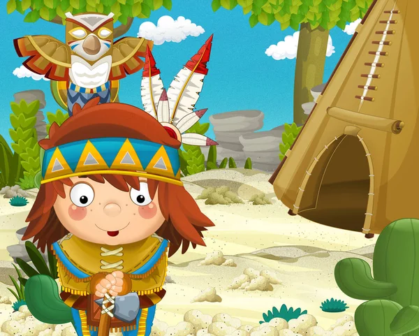 cartoon scene with american indian village - illustration for children