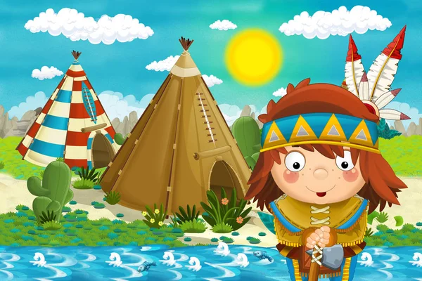 cartoon scene with american indian village near the river - illustration for children