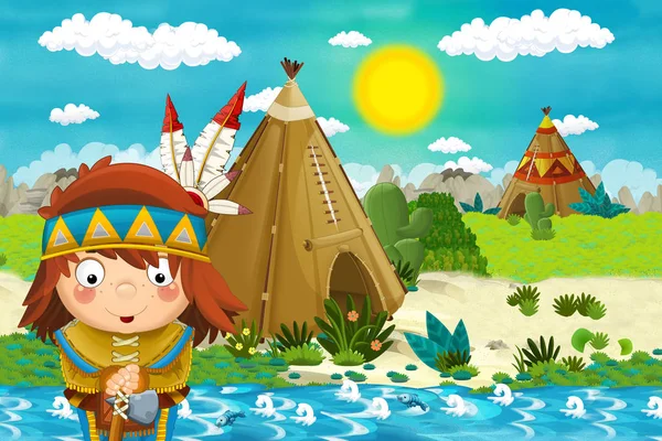 cartoon scene with american indian village near the river - illustration for children