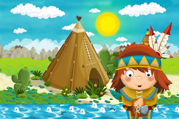 Cartoon Scène Met American Indian Village Buurt Van Rivier Illustratie — Stockfoto