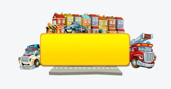 cartoon scene with banner - title page with city facade cars and street with fire brigade police ana ambulance - illustration for children