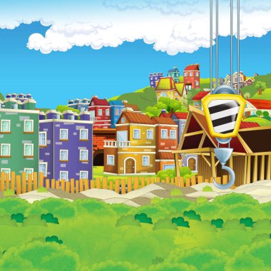 İnşaat alanında farklı kullanım gösterim amacıyla çocuklar için çizgi film sahne