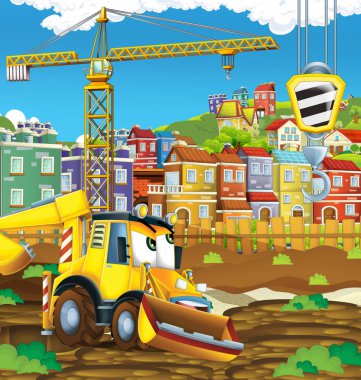 kazıcı ekskavatör veya yükleyici şantiyede karikatür sahne - çocuklar için illüstrasyon