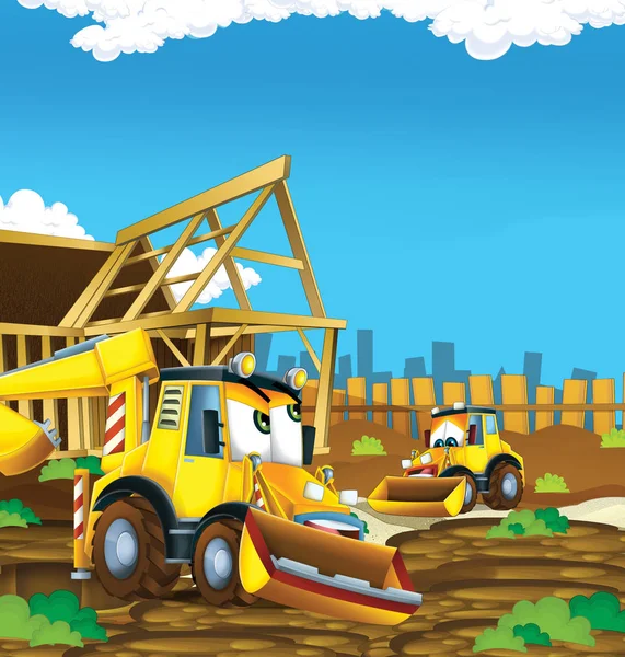 卡通场景与挖掘挖掘机在建筑工地上父子 插图为孩子们 — 图库照片