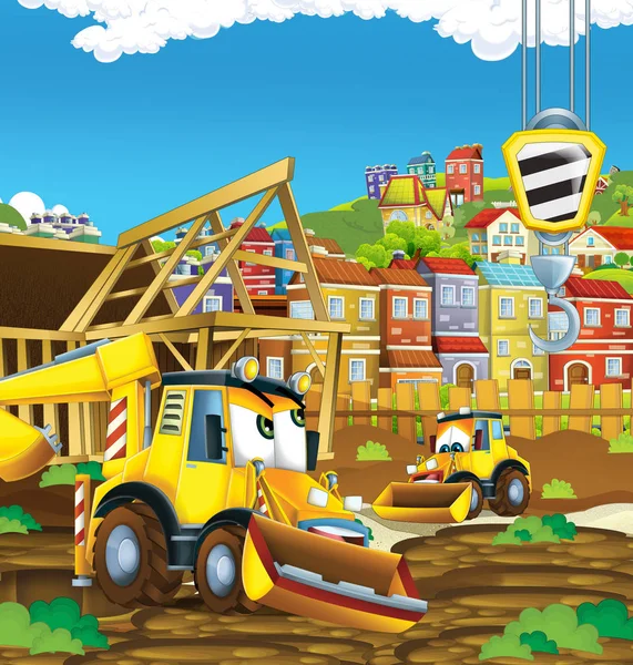 Cena Dos Desenhos Animados Com Escavadoras Escavadoras Local Construção Pai — Fotografia de Stock