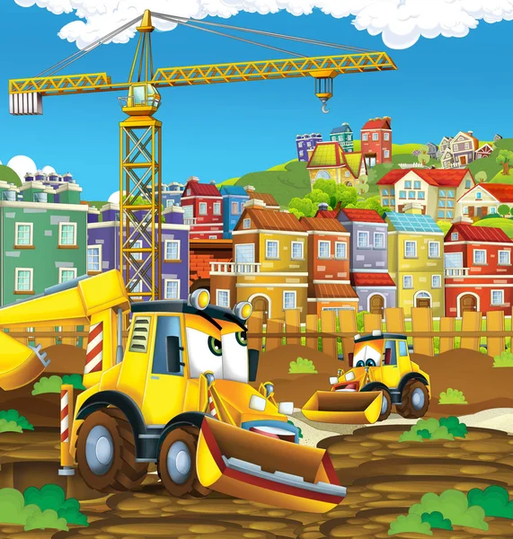 Cartoon Scene Diggers Excavators Construction Site Father Son Illustration Children — Stock Photo, Image