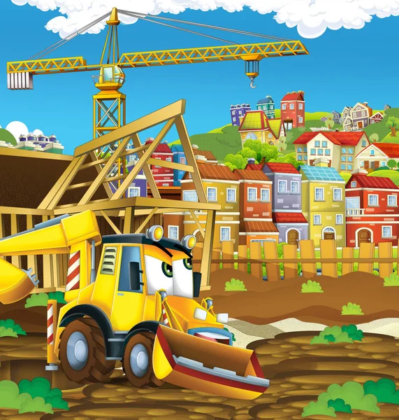 Cena Dos Desenhos Animados Com Escavadeira Escavadora Carregador Local Construção — Fotografia de Stock