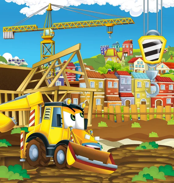 Scena Del Cartone Animato Con Scavatore Escavatore Caricatore Cantiere Illustrazione — Foto Stock