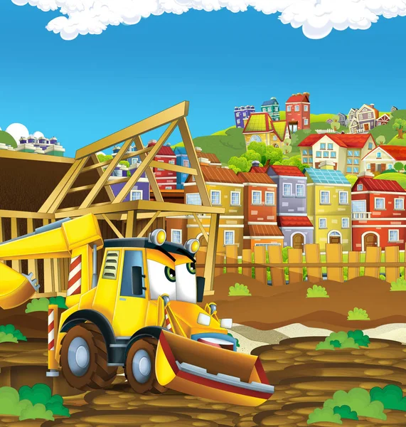 cartoon scene with digger excavator or loader on construction site - illustration for the children