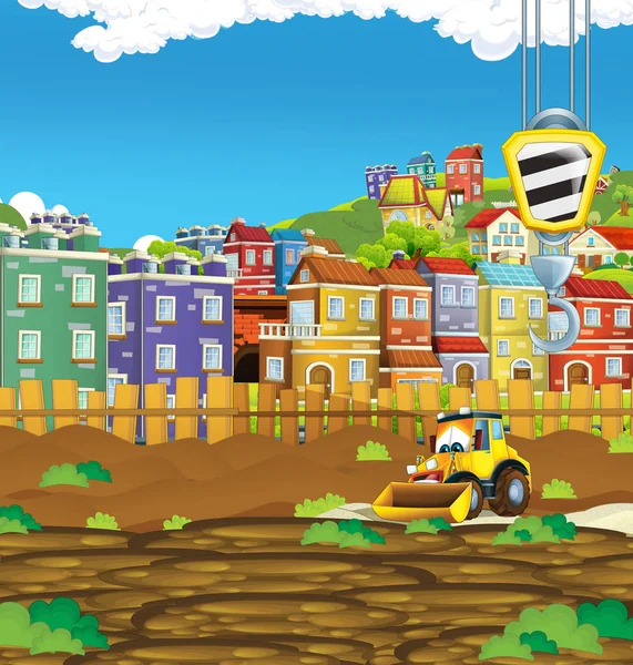 cartoon scene with digger excavator or loader on construction site - illustration for the children