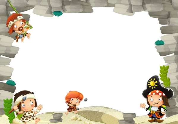 Scena Del Cartone Animato Con Cavernicoli Pirata Capitano Cornice Testo — Foto Stock