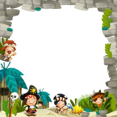 mağara adamları bölge ve metin için korsan kaptan çerçeve ile karikatür sahnesi - çocuklar için illüstrasyon