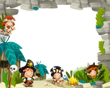 mağara adamları bölge ve metin için korsan kaptan çerçeve ile karikatür sahnesi - çocuklar için illüstrasyon