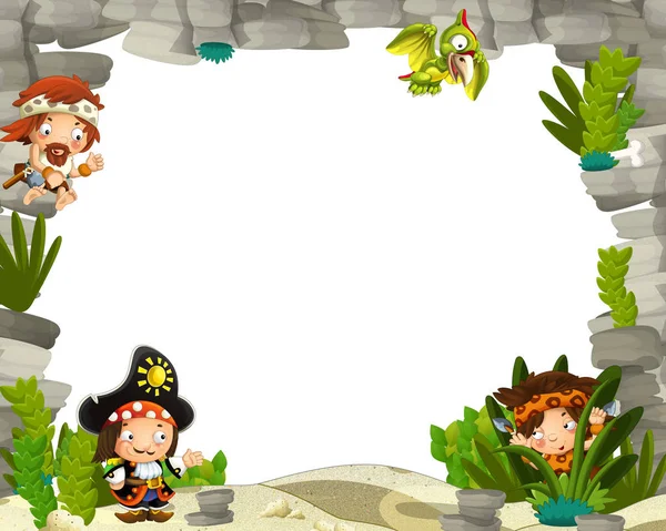 Cartoon Scène Met Cavemen Territorium Piraat Captain Frame Voor Tekst — Stockfoto