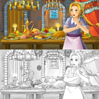 Boyama sayfası kroki ile gıda dolu tablo tarafından prenses ile Karikatür masal sahnesi - çocuklar için illüstrasyon