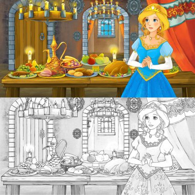 Boyama sayfası kroki ile gıda dolu tablo tarafından prenses ile Karikatür masal sahnesi - çocuklar için illüstrasyon