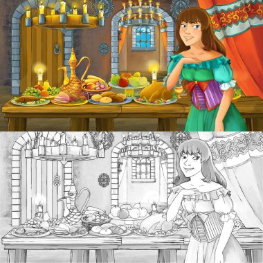 Boyama sayfası kroki ile gıda dolu tablo tarafından prenses ile Karikatür masal sahnesi - çocuklar için illüstrasyon
