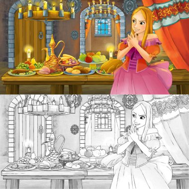 Boyama sayfası kroki ile gıda dolu tablo tarafından prenses ile Karikatür masal sahnesi - çocuklar için illüstrasyon