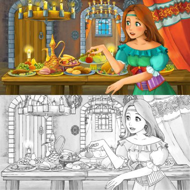 Boyama sayfası kroki ile gıda dolu tablo tarafından prenses ile Karikatür masal sahnesi - çocuklar için illüstrasyon