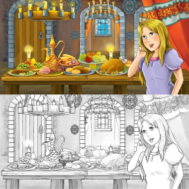 Boyama sayfası kroki ile gıda dolu tablo tarafından prenses ile Karikatür masal sahnesi - çocuklar için illüstrasyon