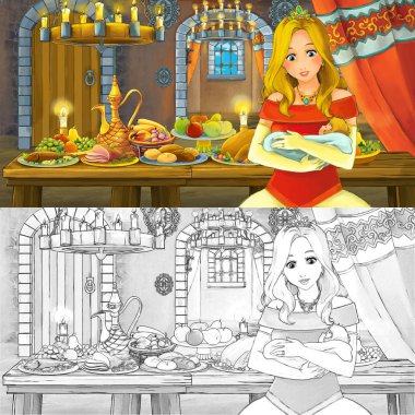 Boyama sayfası kroki ile gıda dolu tablo tarafından prenses ile Karikatür masal sahnesi - çocuklar için illüstrasyon