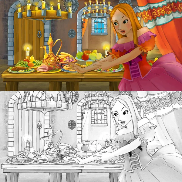 Cartoon fairy tale scene with princess by the table full of food with coloring page sketch - illustration for children