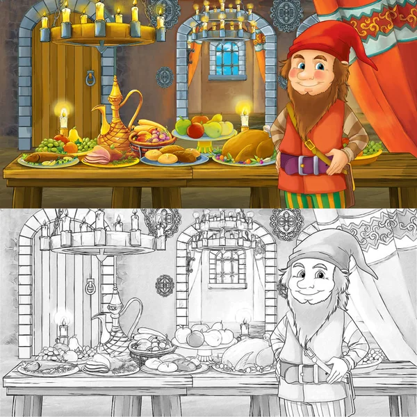 卡通童话场景与矮王子的桌子充满了食物与着色页素描 儿童插图 — 图库照片
