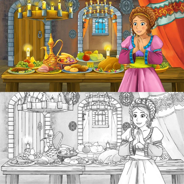 Cartoon Fairy Tale Scene Princess Table Full Food Coloring Page — Stock Photo, Image