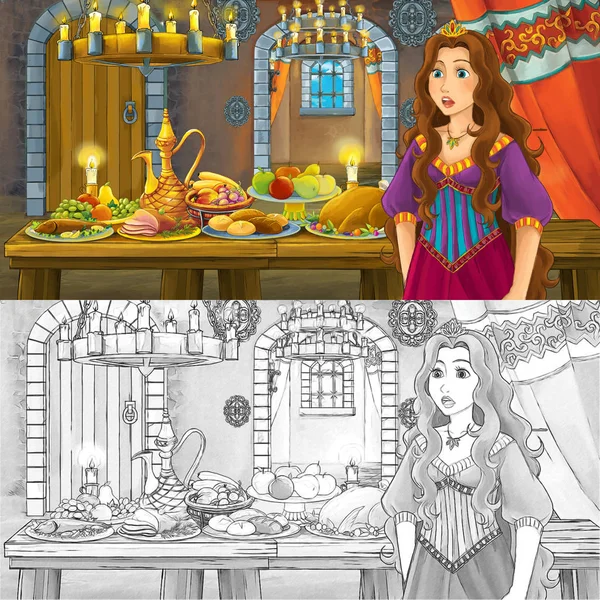 着色ページスケッチで食べ物の完全なテーブルで王女と漫画のおとぎ話のシーン 子供のためのイラスト — ストック写真
