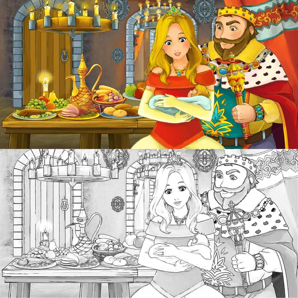 Kreslená Pohádková Scéna Princem Princeznou Manželskou Dvojicí Stolu Plného Jídla — Stock fotografie