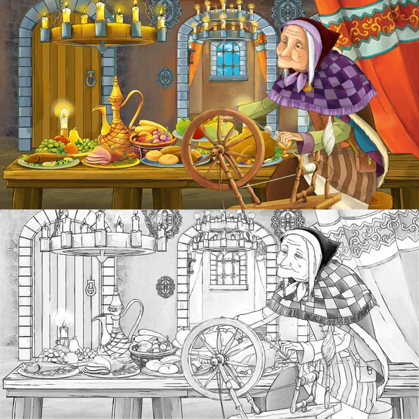 Cartoon Fairy Tale Scene Old Princess Sorceress Table Full Food — Stock Photo, Image