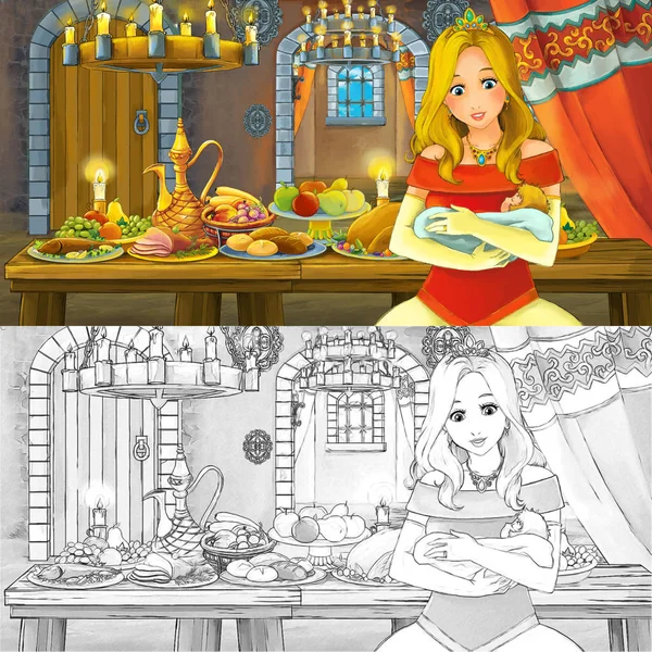 着色ページスケッチで食べ物の完全なテーブルで王女と漫画のおとぎ話のシーン 子供のためのイラスト — ストック写真