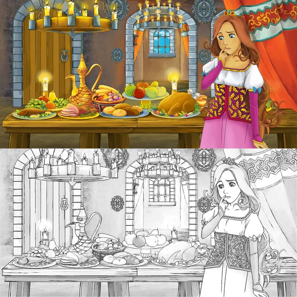 卡通童话场景与公主的桌子充满了食物与着色页素描 儿童插图 — 图库照片