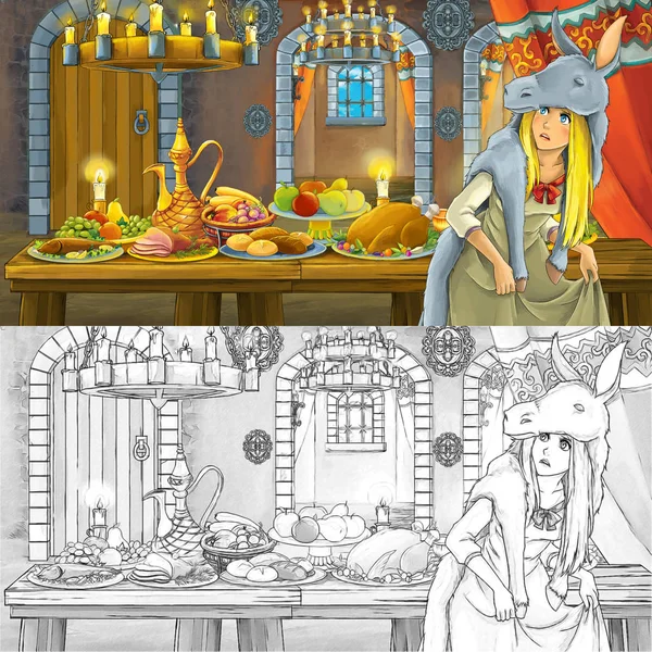 Escena Cuento Hadas Dibujos Animados Con Princesa Junto Mesa Llena — Foto de Stock