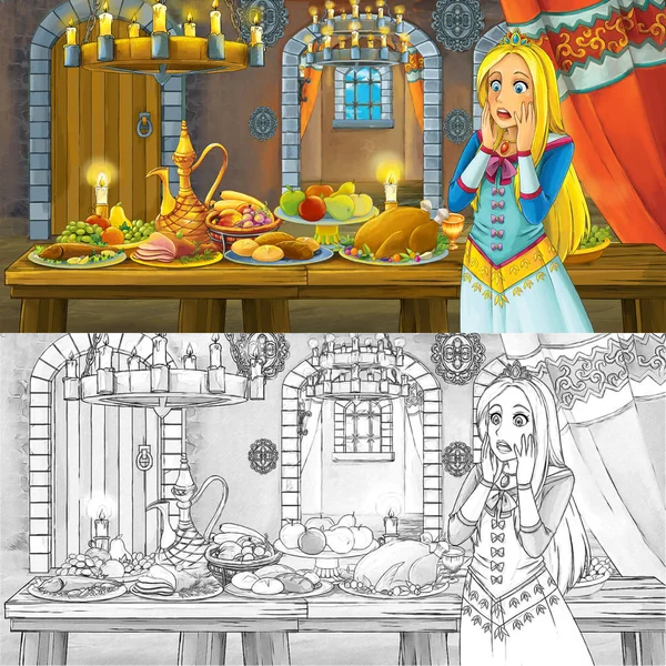 Cartoon fairy tale scene with princess by the table full of food with coloring page sketch - illustration for children